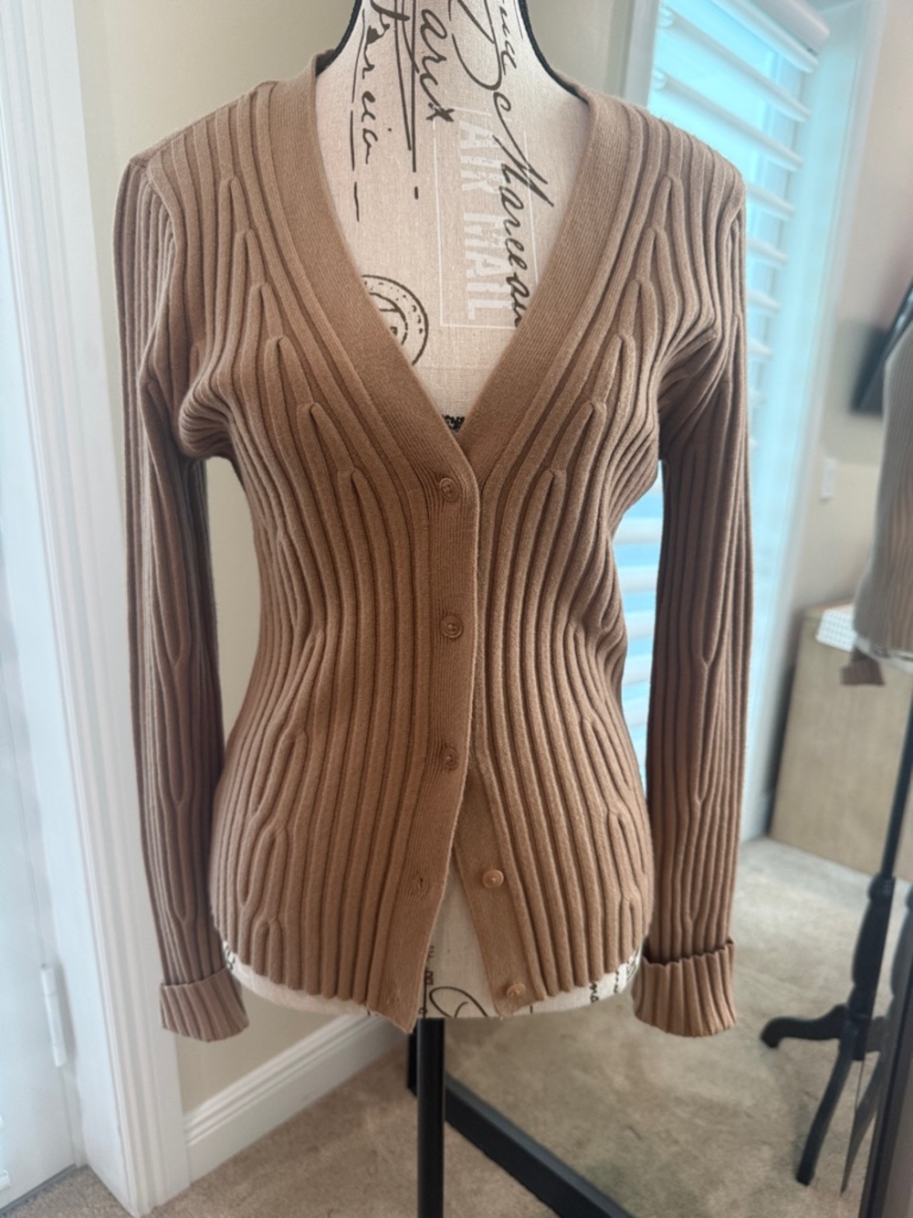 PAIGE super soft & sexy Classic Ribbed V-Neck Cardigan Sweater  in camel color